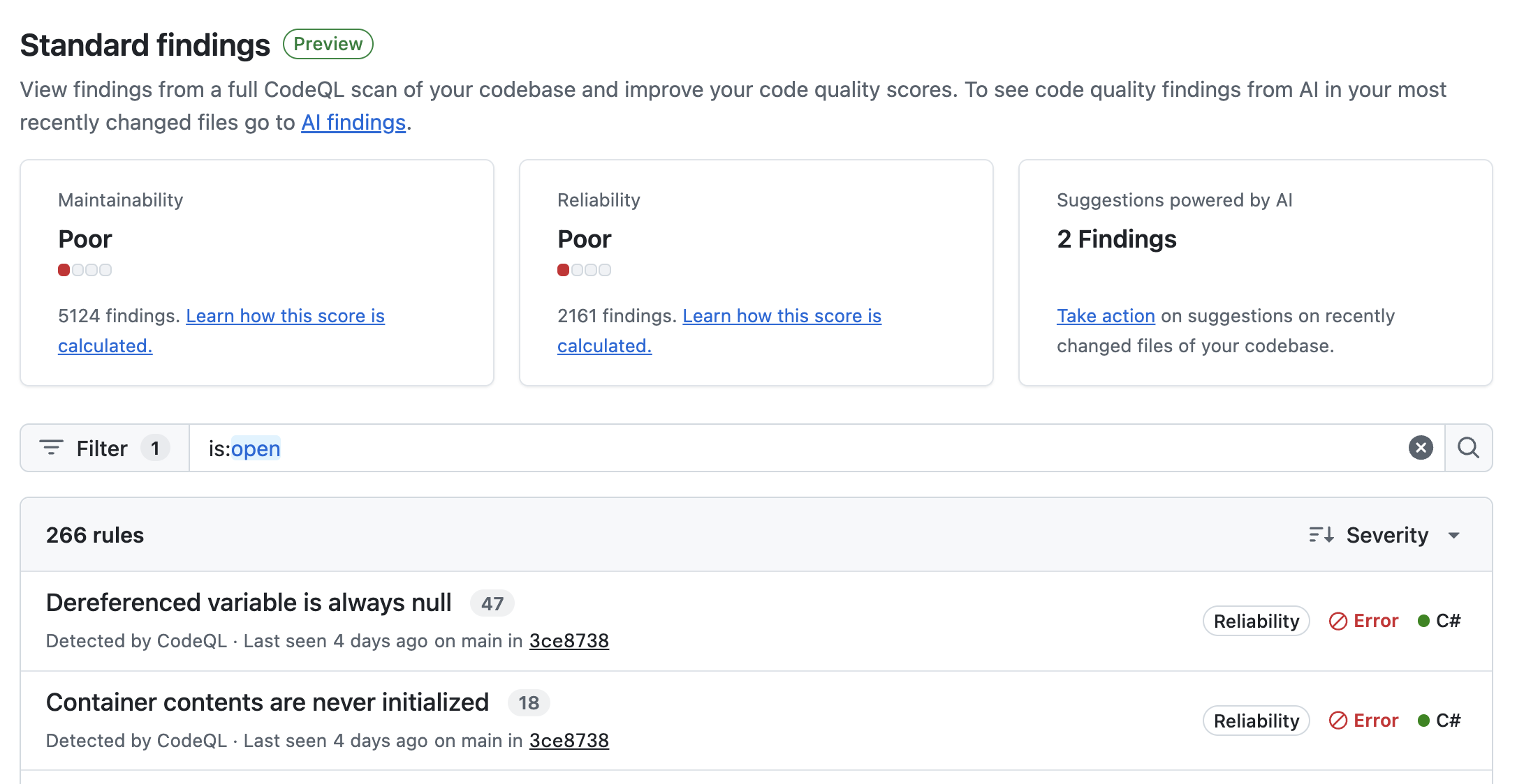 Screenshot of code quality scores in the "Standard findings" view for Code Quality.