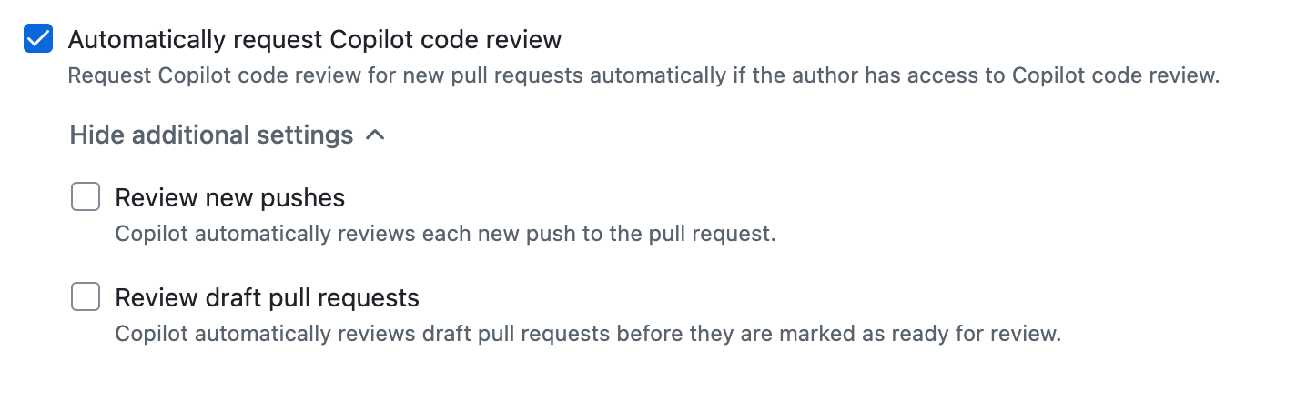 Capture d’écran de l’option d’ensemble de règles de branche « Demander automatiquement Copilot code review ».