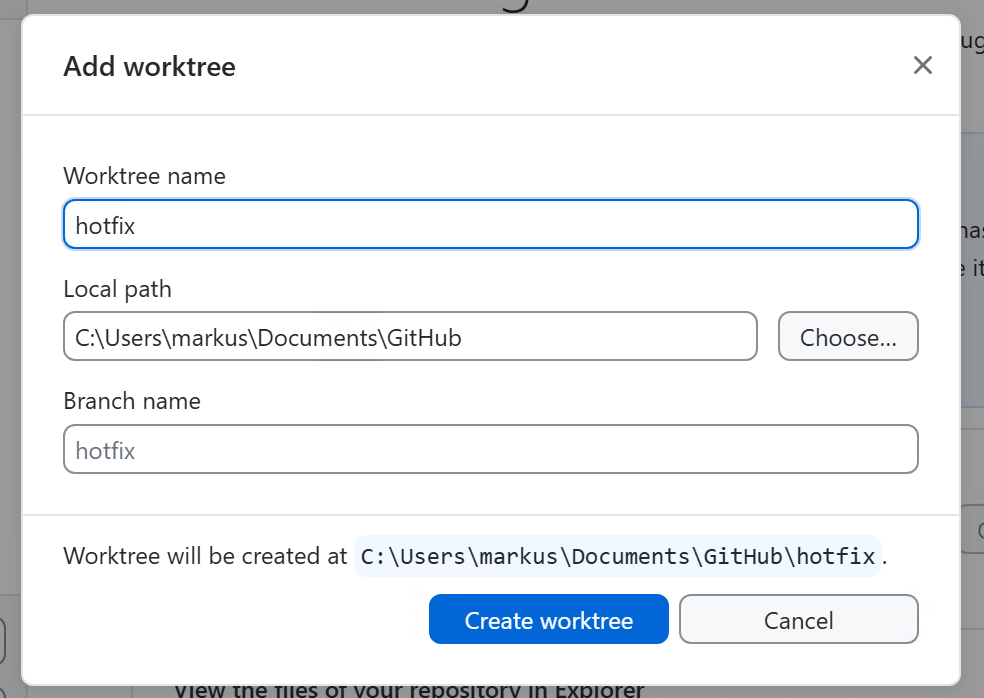 Screenshot of the "Add worktree" dialog on Windows, showing name, path, and branch fields.