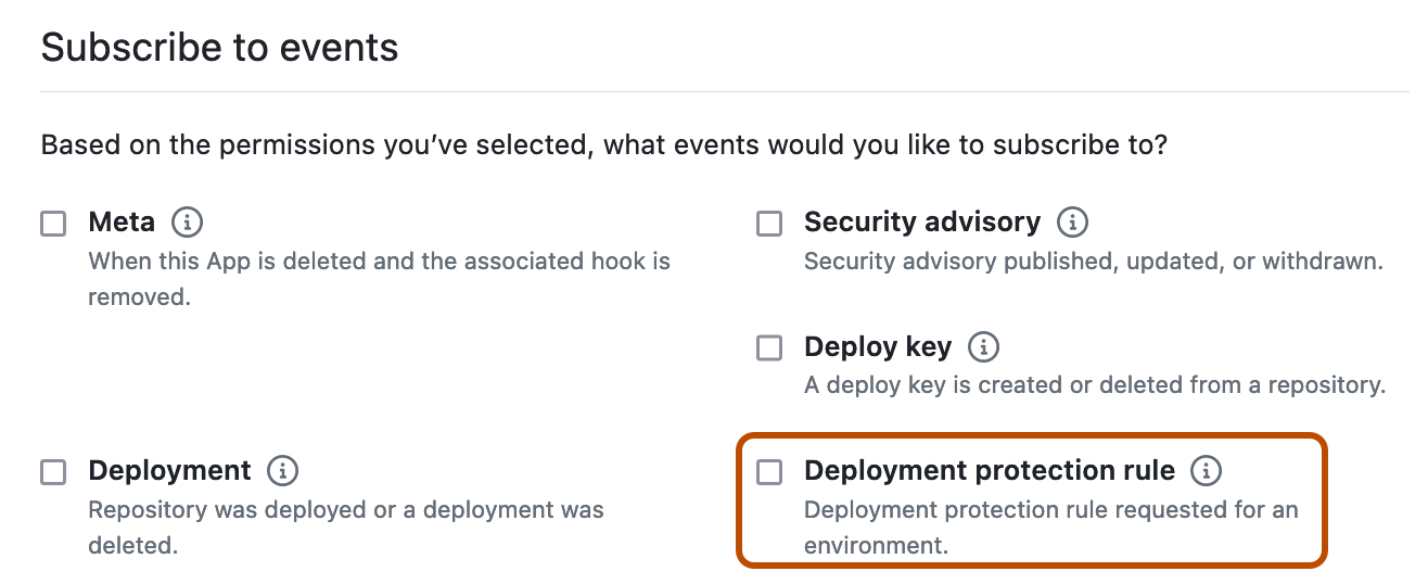 Screenshot de la section « S’abonner à des événements » pour une nouvelle application GitHub. La case à cocher de la règle de protection de déploiement est indiquée en orange.