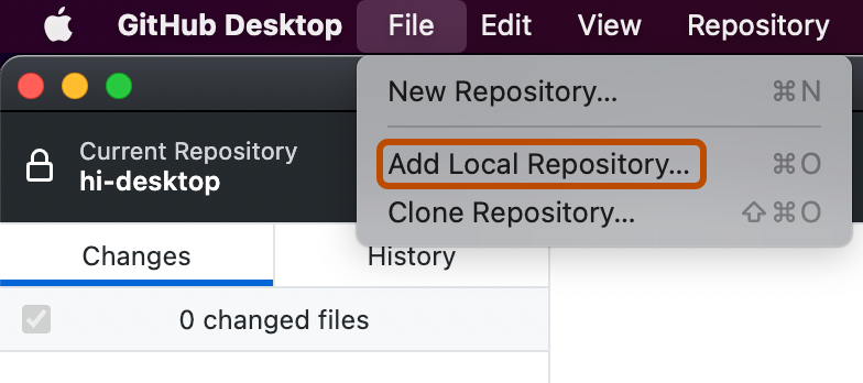 Captura de tela da barra de menus no Mac. O menu suspenso "Arquivo" está aberto e uma opção rotulada como "Adicionar Repositório Local" está com um contorno laranja.
