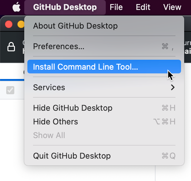 Mac의 메뉴 모음에서 스크린샷. “GitHub Desktop” 드롭다운 메뉴에서 “명령줄 도구 설치” 옵션이 파란색으로 강조 표시됩니다.