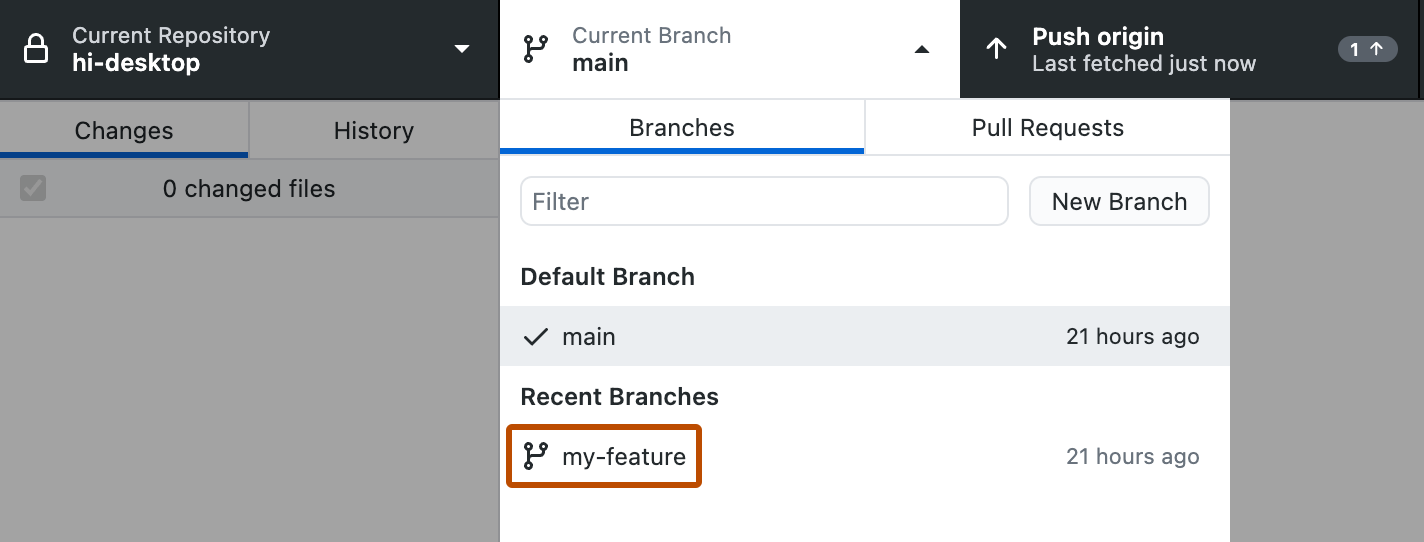 Screenshot der Dropdown-Ansicht „Current Branch“. Unter „Zuletzt verwendete Branches" ist ein orange umrandeter Branch mit dem Namen „my-feature“.