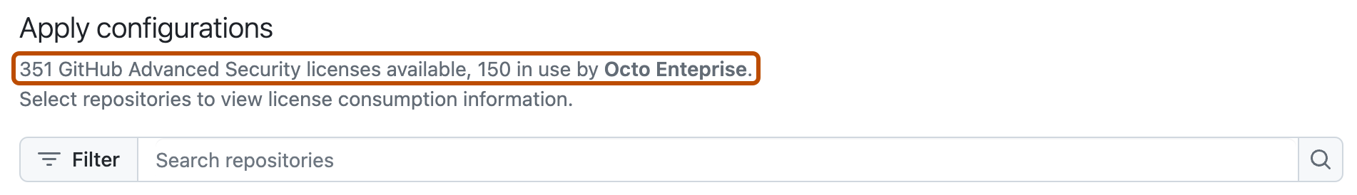 Captura de tela da seção "Aplicar configurações". O uso atual da licença pela empresa está contornado em laranja-escuro.
